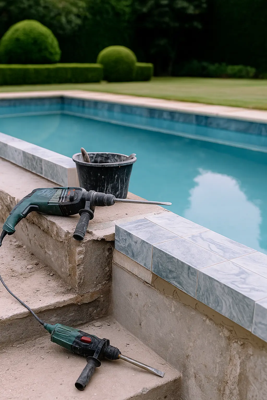 Pool renovation tools including drill and bucket positioned on pool coping with crystal clear swimming pool water in background showing professional renovation work in Cambridge